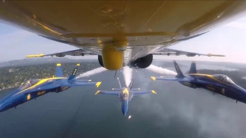 Bottom View of an Aircraft, Three Accompanied Fighters, Air Show, Astonishing Vi Video stock 120369213