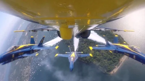 Bottom View of an Aircraft, Three Accompanied Fighters, Air Show, Astonishing Vi Stock Footage 120369267