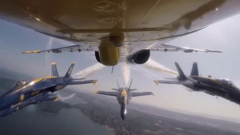 Bottom View of an Aircraft, Three Accompanied Fighters, Air Show, Astonishing Vi Stock Footage 120369313