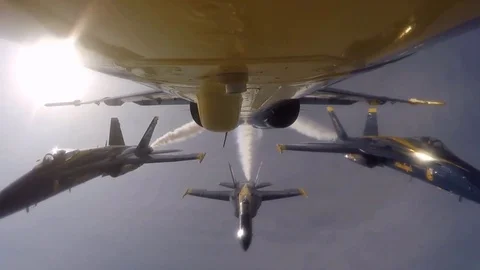 Bottom View of an Aircraft, Three Accompanied Fighters, Air Show, Astonishing Vi Video stock 120369353