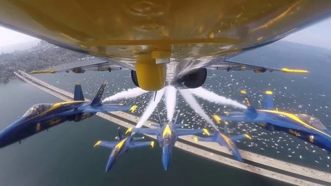 Bottom View of an Aircraft, Three Accompanied Fighters, Air Show, Astonishing Vi Stock Footage 120369374
