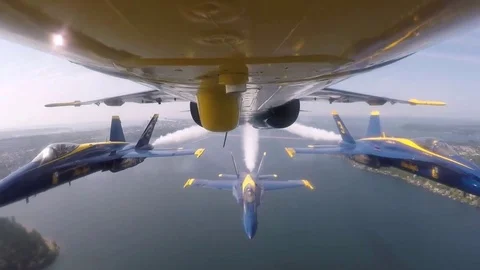 Bottom View of an Aircraft, Three Accompanied Fighters, Air Show, Astonishing Vi Stock Footage 120369597