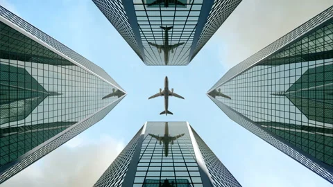 Bottom view airplane flying over skyscrapers and reflects in glass facades. Vídeo Stock 98630682