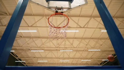 Bottom view of a basketball being thrown into the hoop. Basketball hoop and ball Stock Footage 255744026