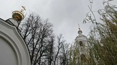 Bottom view belltower on territory of Nikolo-Berlyukovsky monastery. Stock Footage 165899880