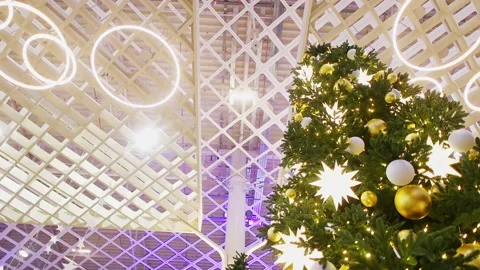 Bottom view of a Christmas tree. Media. Decoration of the shopping center before Видео 234777368