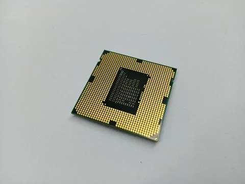 Bottom View of Computer CPU Processor with Golden Contacts 스톡 사진