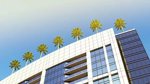 Bottom view of the corner of a building with palm trees on the roof Stock Illustration
