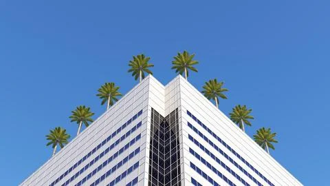 Bottom view of the corner of a building with palm trees on the roof Stock Illustration