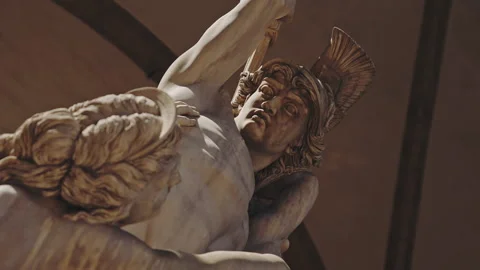 Bottom view of daytime or old abstract statue or sculpture of famous street in Stock Footage 144309123