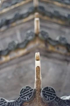 Bottom view on the decorative elements of the monasterys multi-tiered tower.  Stock Photos