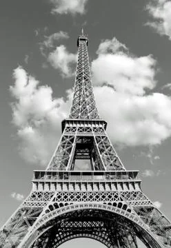 Bottom view of Eiffel Tower in black and white effect with clouds Fotos Stock