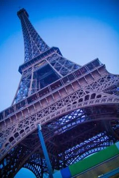 Bottom view of the Eiffel Tower at sunset Stock Photos