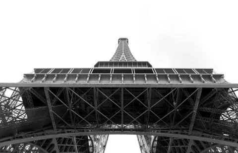 Bottom view of Eiffel Tower with white background and black and white effect Stock Photos