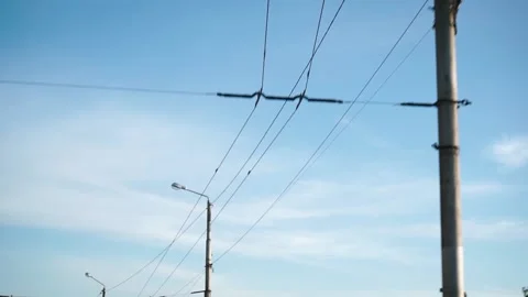 Bottom view of the electrical wires on the pole. Footage. Power supply networks Stock-Footage 139768765