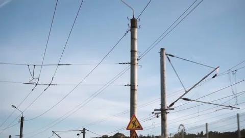 Bottom view of the electrical wires on the pole. Footage. Power supply networks Stockbeeldmateriaal 139839477
