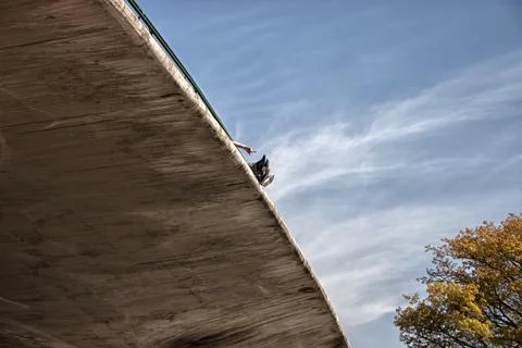 Bottom view of elevated concrete highway. Overpass concrete road. Stock Photos