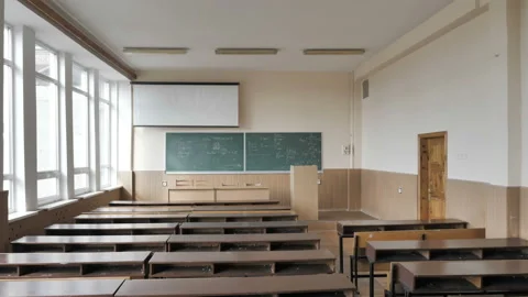 Bottom-Up View At Empty Auditorium, Classroom, Lecture Room Stock Footage 141446223