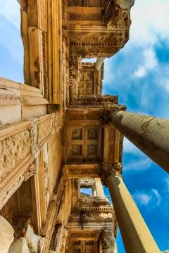 Bottom up view of the facade of Celsus Library Stock Photos