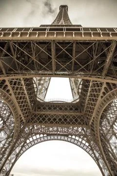 Bottom view of famous Eiffel Tower in Paris, France Stock Photos
