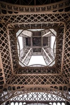 Bottom view of famous Eiffel Tower in Paris, France Stock Photos