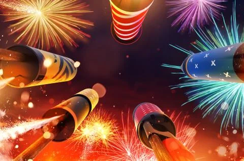 Bottom view of fireworks rockets launching into the sky Stock Photos