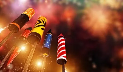 Bottom view of fireworks rockets launching into the sky Stock Photos