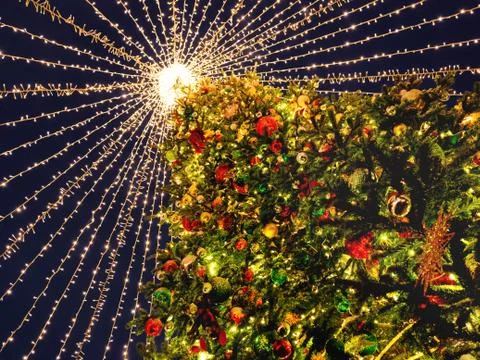 Bottom view on giant Christmas tree on Manezhnaya square in Moscow, Russia. D Stock Photos