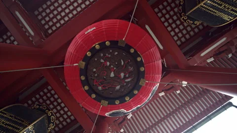 Bottom up view of giant red lantern in the Kaminarimon gate located in the Stock Footage 138612107