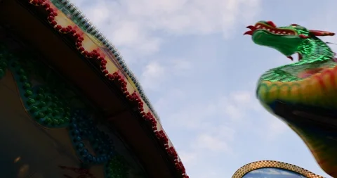 Bottom view of Green Dragon Pirate Ship Amusement Ride. Stock Footage 113703175