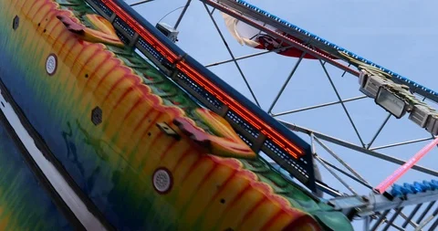 Bottom view  of Green Dragon Pirate Ship Amusement Ride. Video stock 113703192