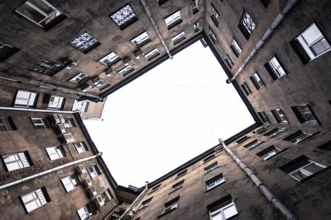 Bottom view on house with many windows Stock Photos