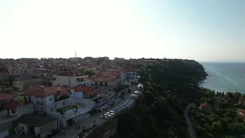 Bottom up view of houses built on the seaside. Drone video 스톡 동영상 199283547