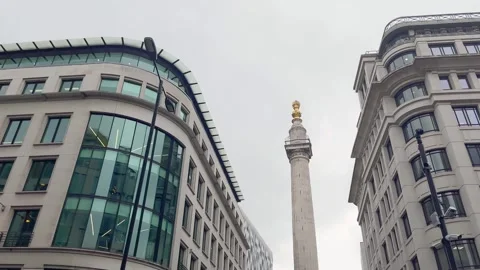 Bottom view of iconic landmark called Monument to the Great Fire of London Stock Footage 299716011