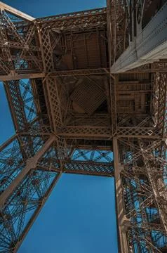 Bottom view of the iron made Eiffel Tower in Paris 写真素材