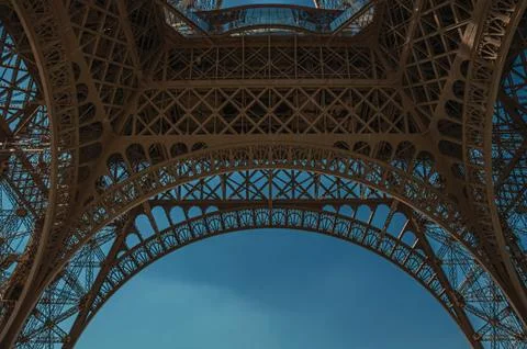 Bottom view of the iron made Eiffel Tower in Paris Stock Photos