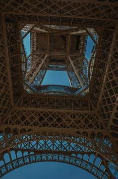 Bottom view of the iron made Eiffel Tower in Paris 스톡 사진