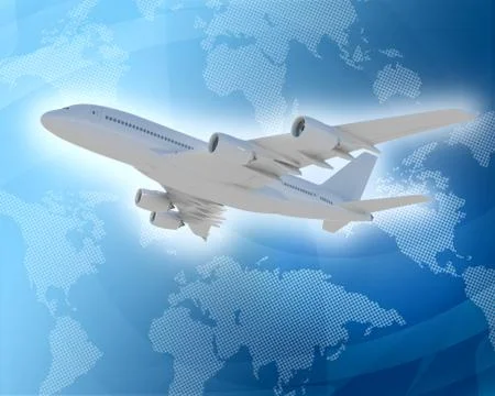 Bottom view of jet with world map Illustrazione stock