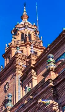 Bottom up view of the left tower of the main central building at Spain Square Stock Photos