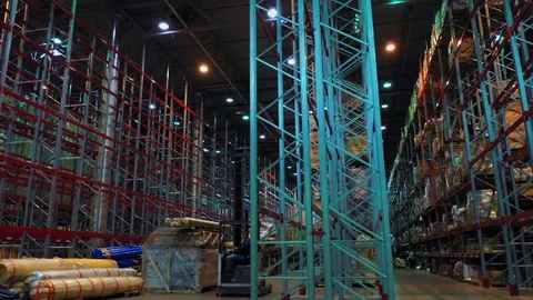 Bottom view loader works with building materials and parcels Stock Footage 113091429