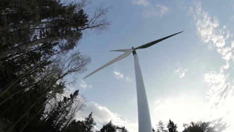 Bottom view on lonely electric windmill on the edge of forest. Stock Footage 107688508