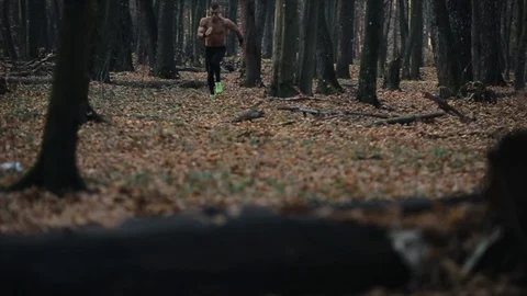 Bottom view. a man in in running trousers runs through autumn foliage in a Stock Footage 125850991