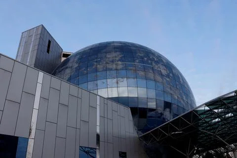 Bottom view of the mirror exposition building-ball  Planet Ocean in Kaliningrad Stock Photos