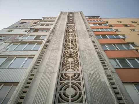 Bottom-up view of a multi-storey residential, prefabricated panel house. Stock Photos