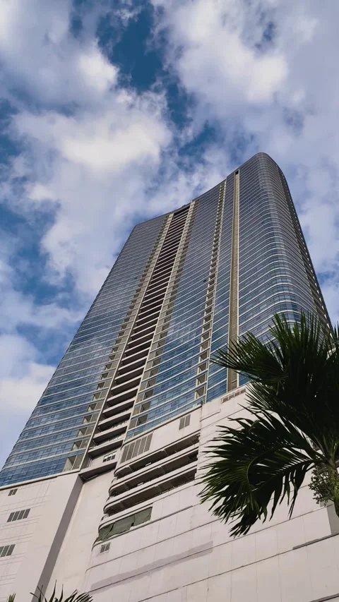 Bottom view of new building high-rise with blue sky and coconut trees. Stock Footage 301276449