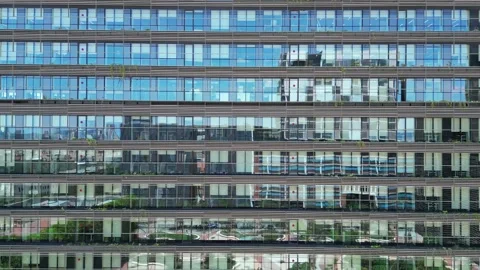 Bottom view of office building window close up, reflection and perspective. Stock Footage 244808888