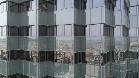 Bottom view of office building window close up, reflection and perspective. Stock Footage 244816809
