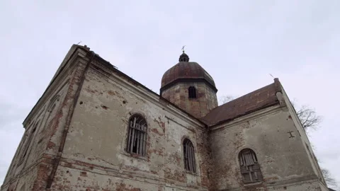 Bottom view on old orthodox  abandoned church in the middle of the forest Stock Footage 253223800