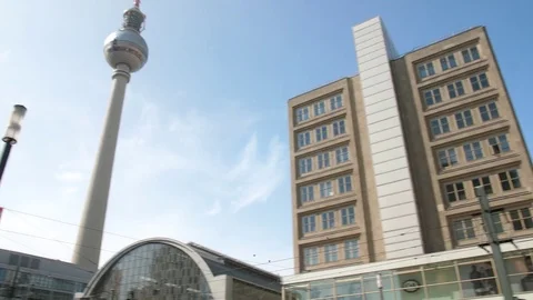 Bottom view pan shot at Alexanderplatz on sunny day with Fernsehturm Stock-Footage 79531979