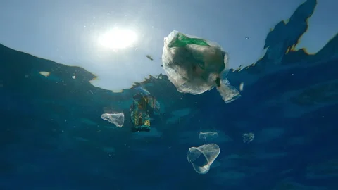 Bottom view of plastic debris floating on water surface, against background of Stock Footage 301234849